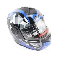 Мотошлем закрытый BLD-159 XS (53-54cм) с откидным подбородком + откидные очки, чёрный глянец с сине-серым рисунком, фото 